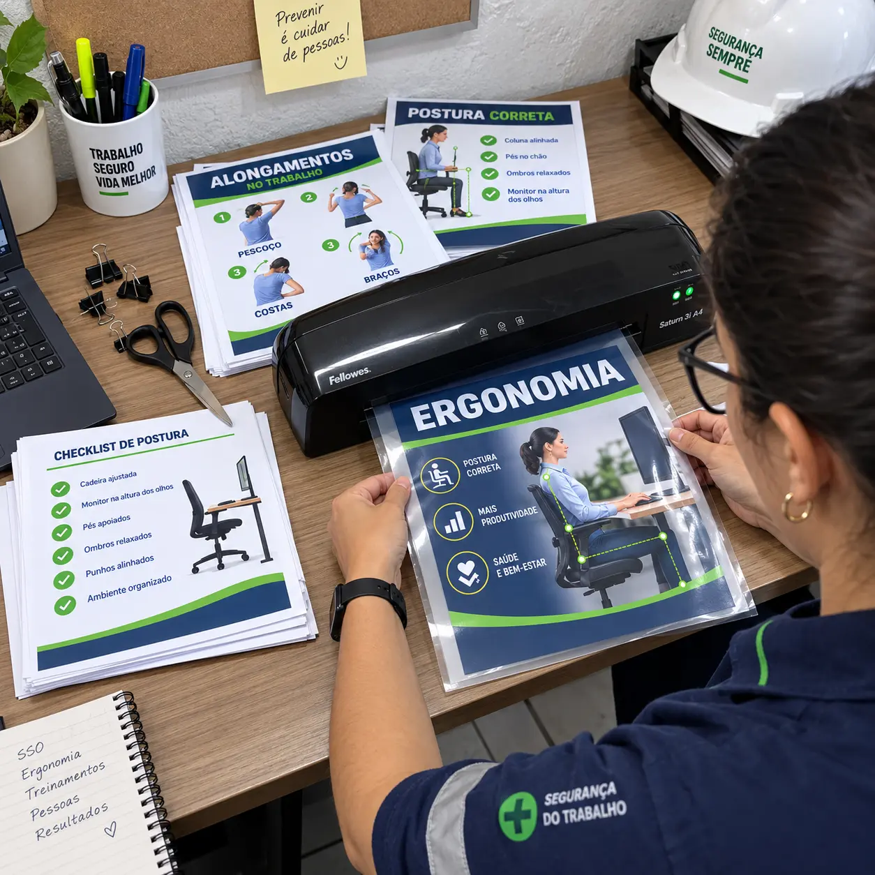 Materiais de ergonomia impressos sendo preparados para uma ação interna
