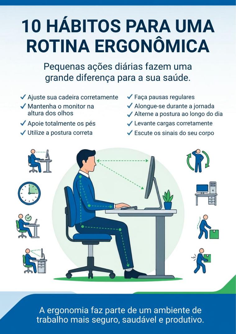 Cartaz com 10 hábitos para uma rotina ergonômica