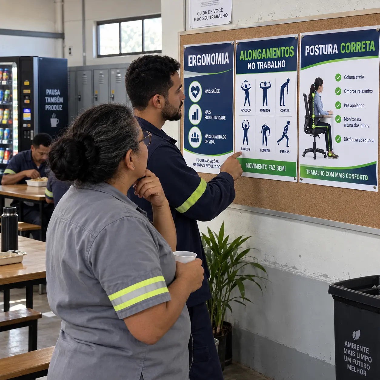 Cartazes de ergonomia afixados no mural do refeitório da empresa