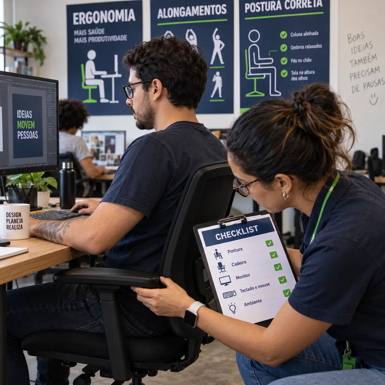 Avaliação ergonômica sendo realizada em um posto de trabalho