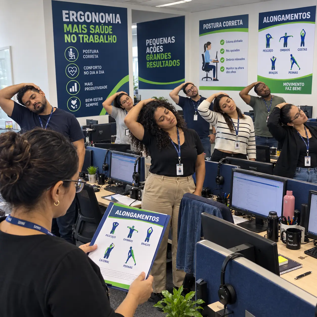 Alongamento realizado em grupo com a equipe no ambiente de trabalho